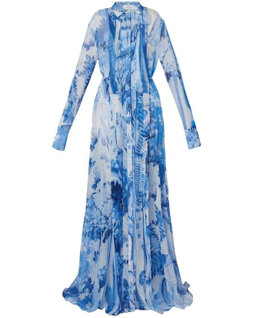 Erdem Blue Pleated Tapestry-print Gown