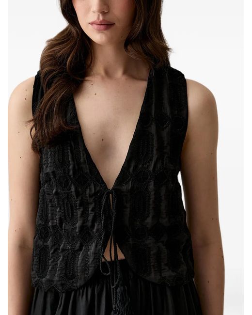 Haveone Black Embroidered Tie-Fastening Top