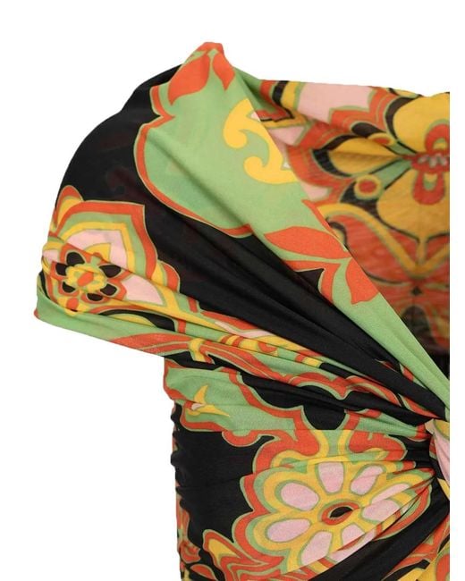 Etro Yellow Multicoloured Stretch Fabric Top With Bardot Neckline And All-Over Patterned Print