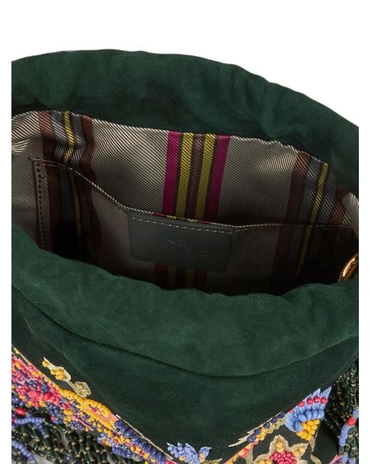 Etro Green Small Suede Kalispera Bag With Floral Embroidery And Beads