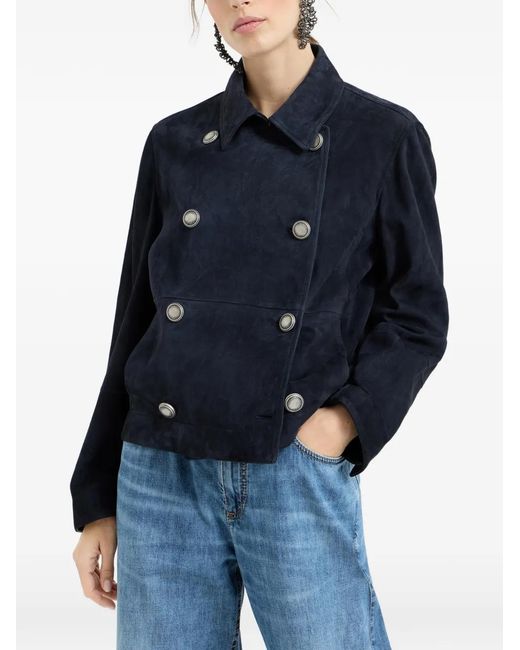 Brunello Cucinelli Blue Monili-Detail Double-Breasted Jacket