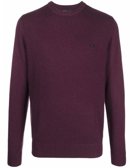 Fred Perry Wool Logo-embroidered Crewneck Jumper in Purple for Men - Lyst