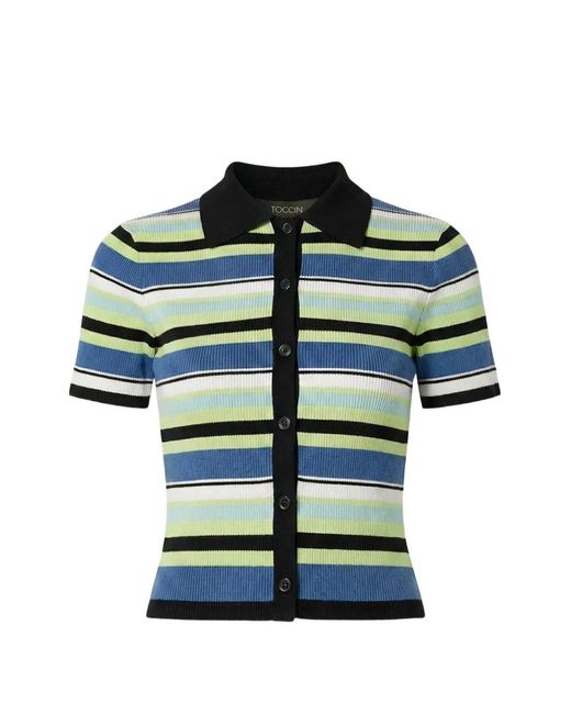 Toccin Green Shae Striped Ribbed-Knit Polo Shirt