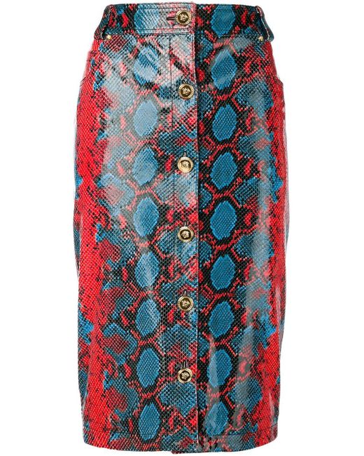 Versace Red Snakeskin Print Pencil Skirt