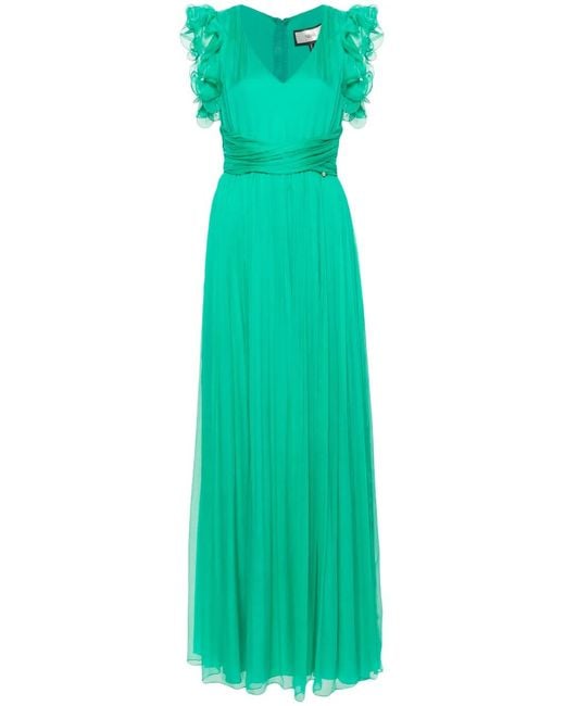 Nissa Green Ruffled Silk Maxi Dress