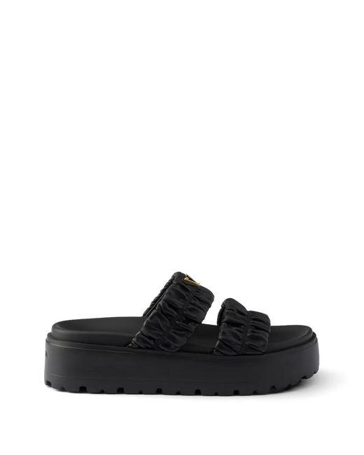 Prada Black Matelassé Nappa Leather Flatform Slides