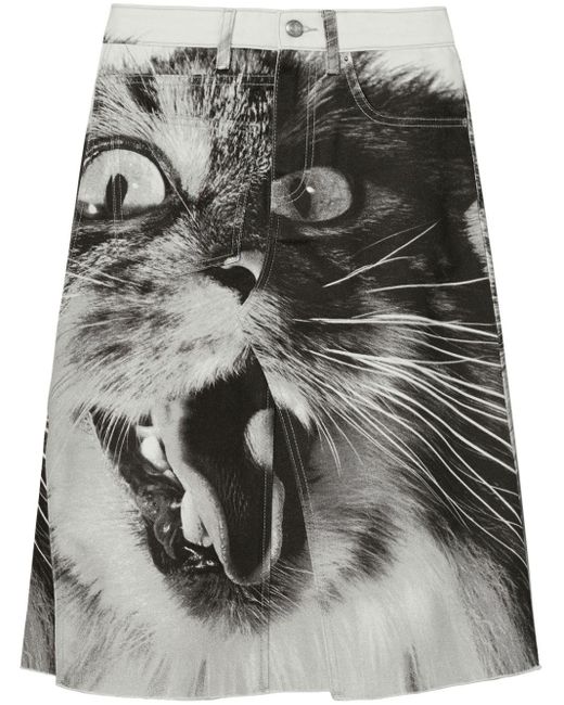 Tory Burch Gray Cat-Print Denim Skirt