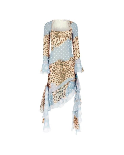 Nina Ricci Blue Leopard-Print Polka-Dot Midi Dress