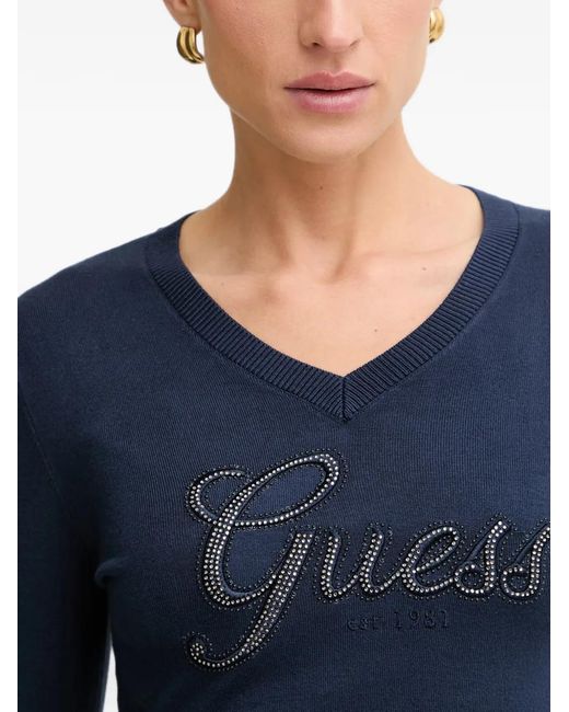 Guess Blue Crystal-Embellished Logo-Print Sweater