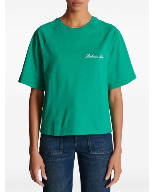 Balmain Green Signature-embroidered Cropped T-shirt