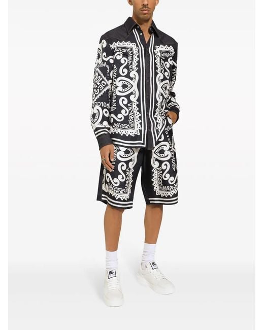 Dolce & Gabbana Black Abstract Print Denim Shorts With Pleat Detailing for men