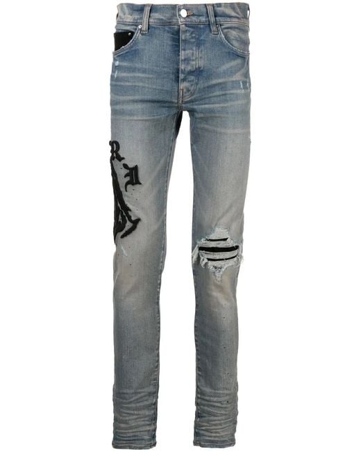 Amiri Blue Logo-Embroidered Skinny Jeans for men