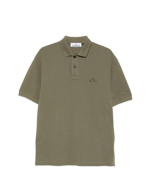 Stone Island Green Polo Brodé À Fermeture Boutonnée for men