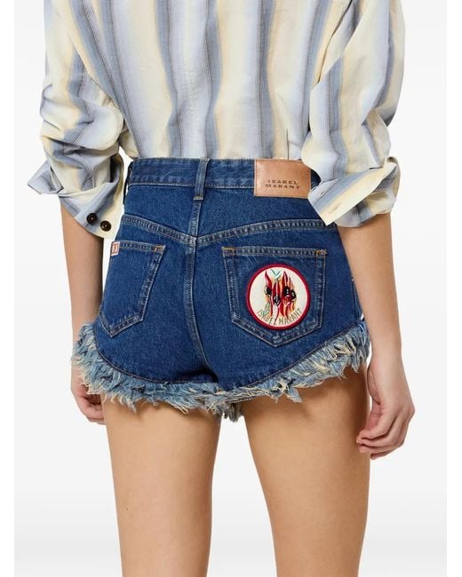 Isabel Marant Blue Eneidala Frayed-Hem Patches Shorts