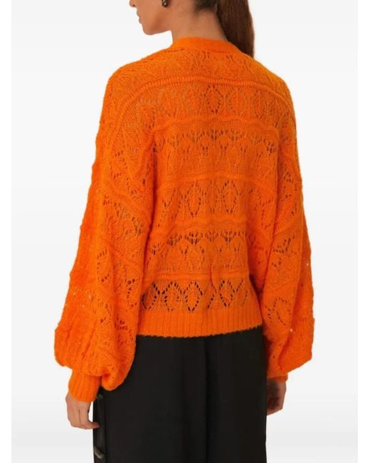 Farm Rio Orange Balloon-Sleeve Open-Knit Cardigan