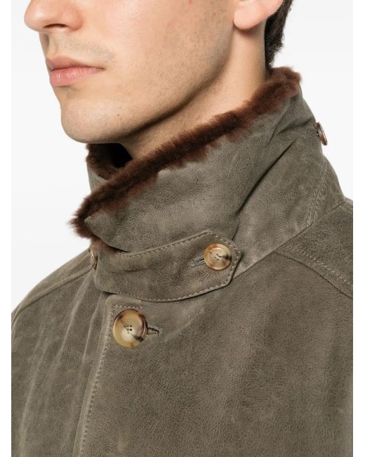 Brunello Cucinelli Brown Shearling-Trim Button-Up Jacket for men