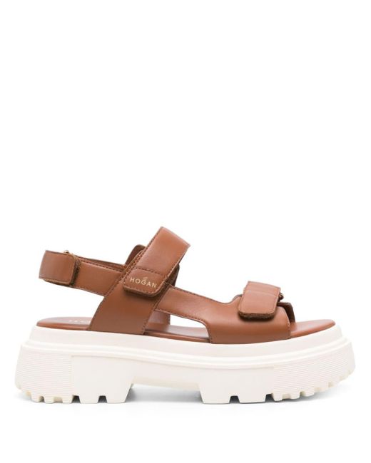 Hogan Brown H644 Touch-strap Leather Sandals
