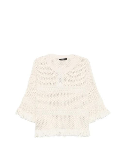Weekend by Maxmara White Palato Fringe-Trimmed Crochet-Knit Sweater