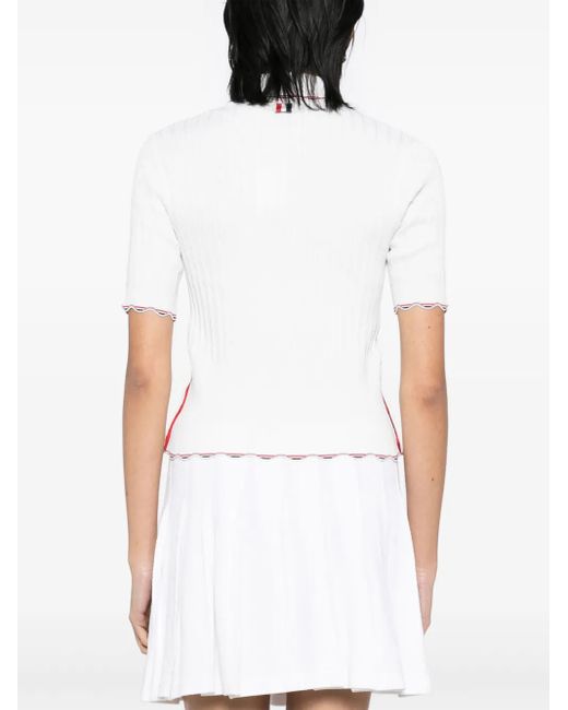 Thom Browne White Polo En Maille Nervurée À Bandes Tricolores