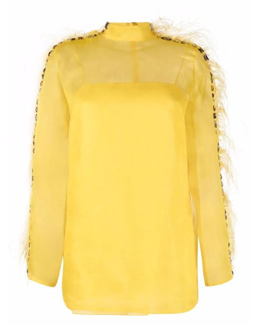 Emilio Pucci Yellow Feather-Trim Silk Blouse
