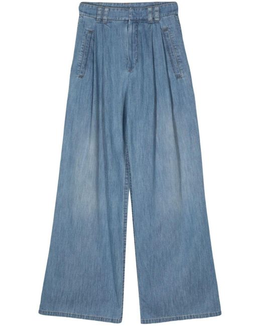 Brunello Cucinelli Blue Pleat-detail Wide-leg Jeans