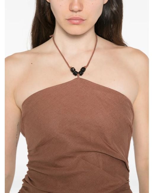 Faithfull The Brand Brown Natalia Beaded-Halterneck Midi Dress