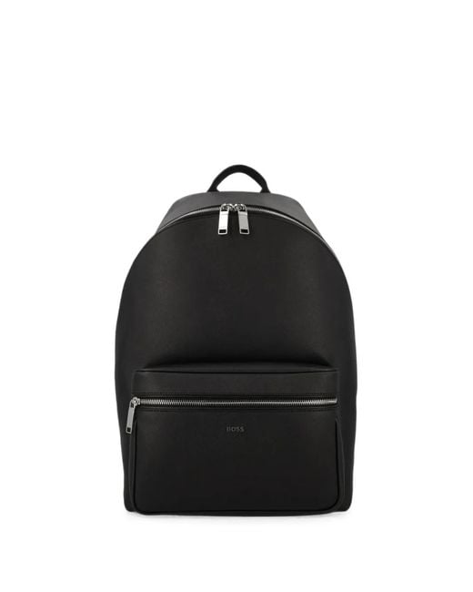 Boss Black Structured Backpack With Polished Logo-Lettering for men