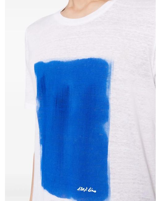 120% Lino Blue Paint-Print Linen T-Shirt for men