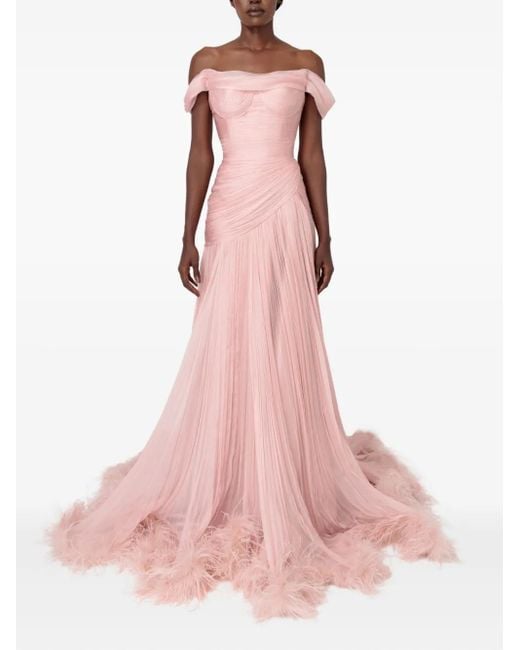 IRIS SERBAN Pink Schulterfreies Petal Maxikleid mit Federn