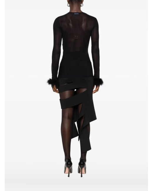 Mugler Black Feather-Cuff Mesh Top