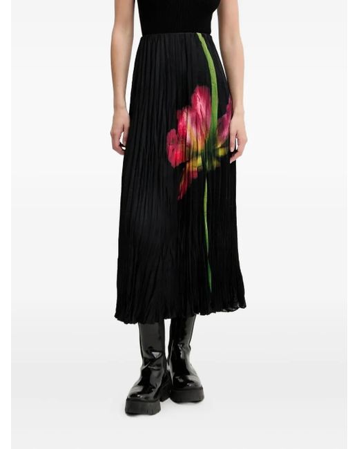 Desigual Black Pleated Floral Print Midi Skirt