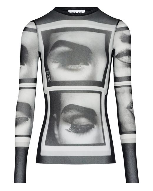 Jean Paul Gaultier Gray Re-Edition: Mesh Longsleeve Top Printed "Eyes And