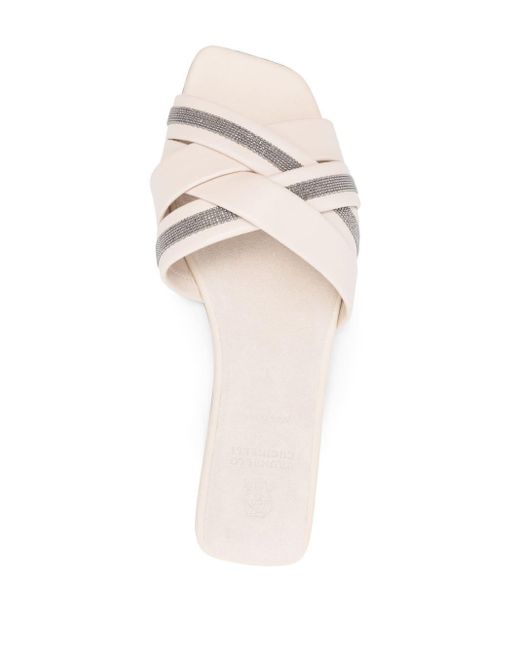 Brunello Cucinelli White Leather Sandals With Chain Detail Monili