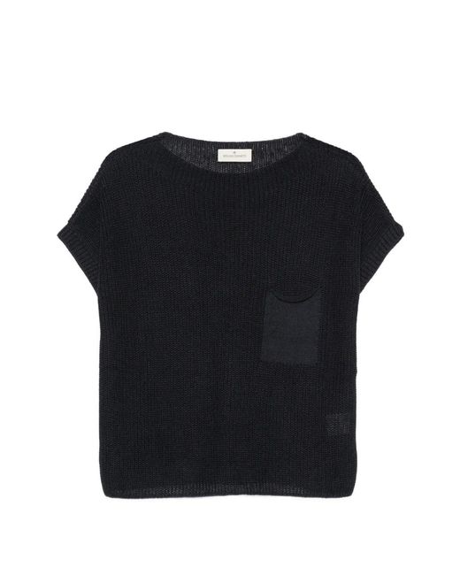 Bruno Manetti Black Chest-Pocket Open-Knit Sweater