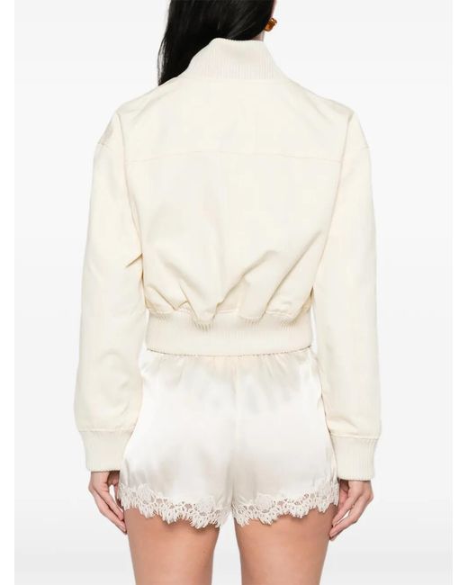 Self-Portrait White Ribbed-Trim Zip Bomber Jacket