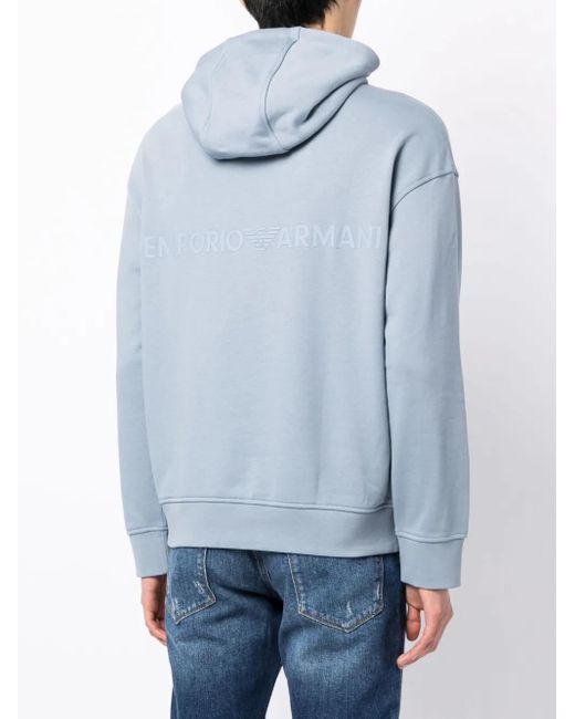 Emporio Armani Blue Pouch-Pocket Cotton Hoodie for men