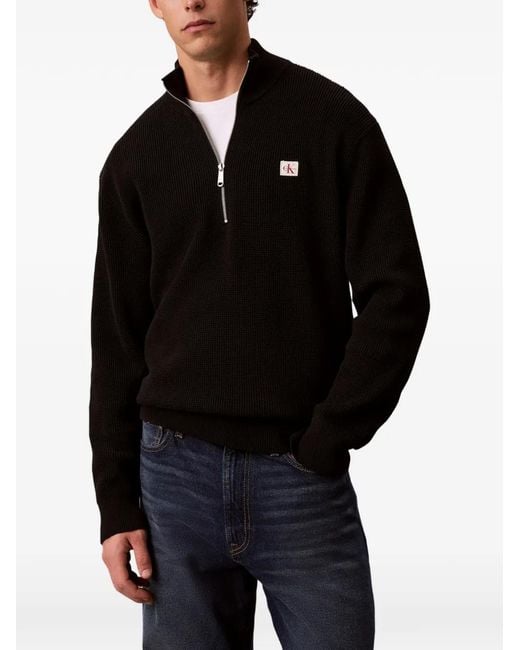 Calvin Klein Black Quarter-Zip Waffle-Knit Sweater for men