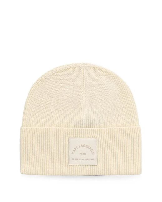Karl Lagerfeld Natural Logo-Patch Ribbed Beanie Hat