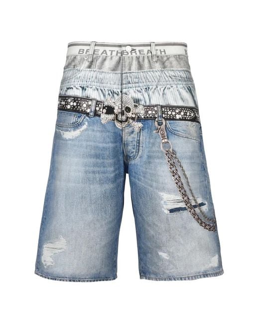 BREATH Blue Transfer-Print Denim Shorts for men