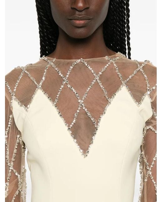 Jean Louis Sabaji White Crystal-Grid Embroidered Crepe Dress