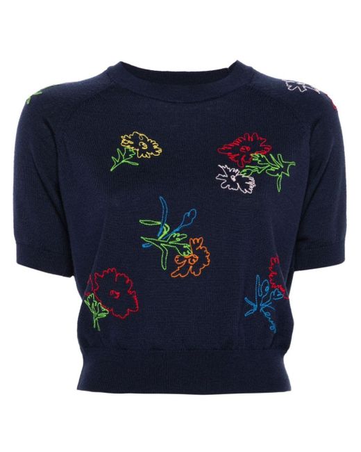 KENZO Blue Drawn Flowers-embroidered Jumper
