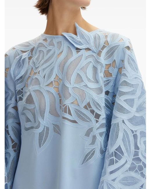 Oscar de la Renta Blue Rose-Motif Cut-Out Kaftan Dress