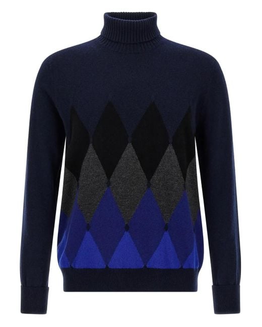 Ballantyne Blue Argyle-Pattern Turtleneck Sweater for men