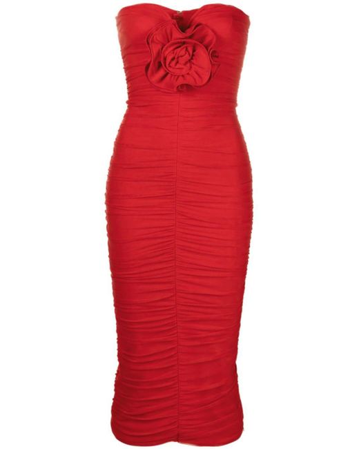 Nissa Red Floral-appliqué Ruched Midi Dress