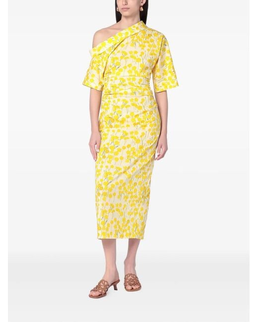 BERNADETTE Yellow Floral-Print One-Shoulder Midi Dress
