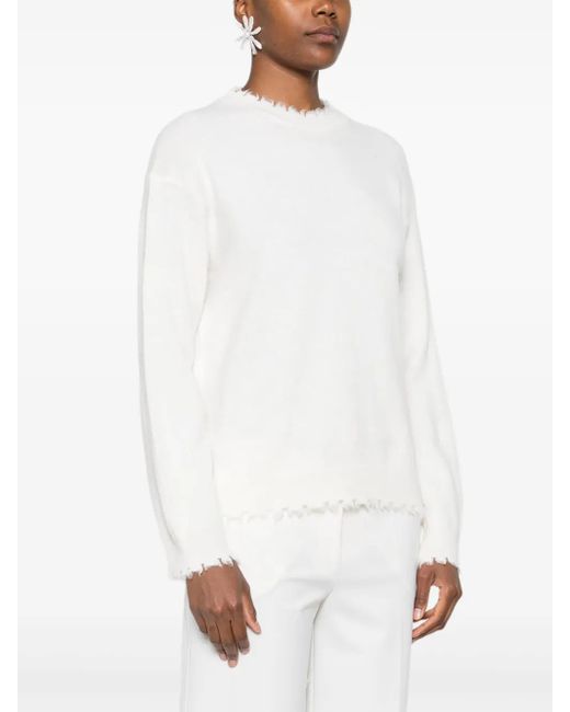 Antonelli White Frayed-Hem Round-Neck Sweater