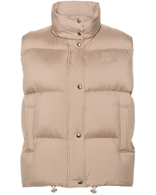 Miu Miu Natural Daunenweste Mit Logo-Patch