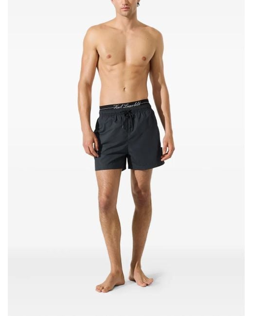 Karl Lagerfeld Blue Double-Waistband Swim Shorts for men