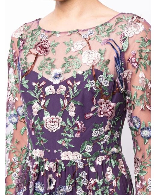Marchesa Purple Botanical-Embroidery Sheer-Overlay Gown