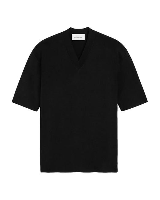 AMI Black Short Sleeves V Neck Sweater for men